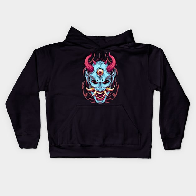 Japanese Blue Yokai Mask Kids Hoodie by Mang Kumis